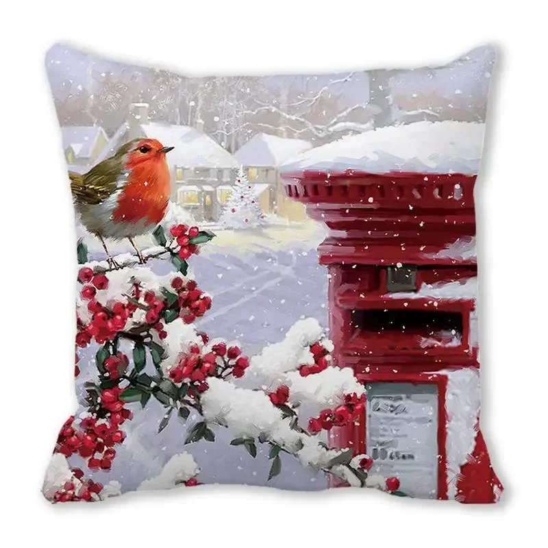 Christmas Cushion Cover Robin Print Pillowcase Winter Birds  Holly  Decorations