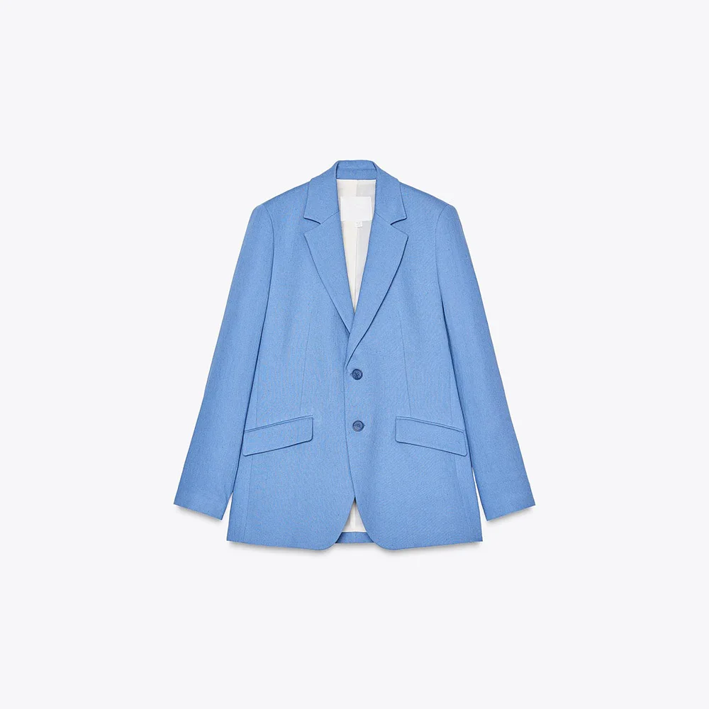 고품질 하늘색 여성 투피스 수트 세트 싱글 브레스티드 재킷 팬츠 세트 오피스룩 데일리룩 여성 의류