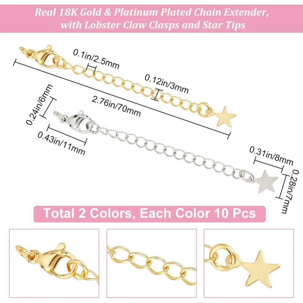 20Pcs Necklace Extenders 18K Gold & Platinum Plated 2 Colors 70mm Extender Chain End Chains with Lobster Claw Clasps making kit