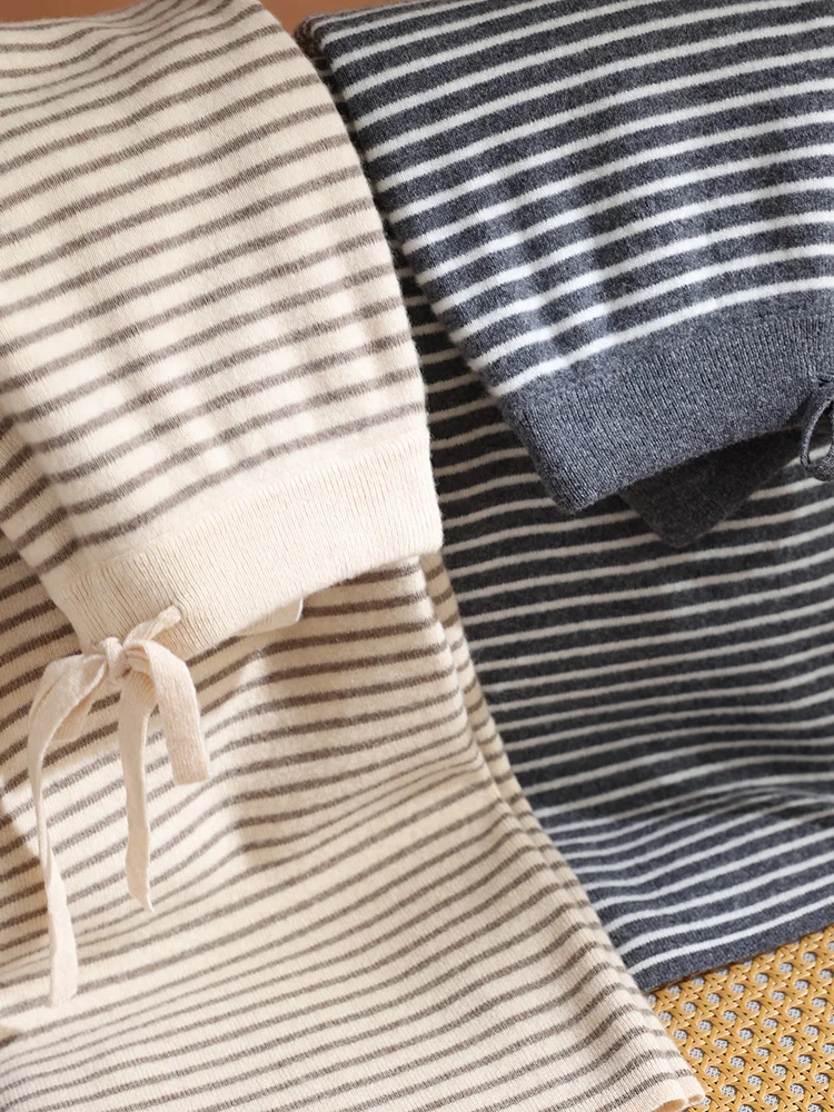 

TLOML Women's 100% Merino Wool Knitwear Pants Casual Wide Leg Striped Pants Autumn Winter Cashmere Soft Warm Popular Trousers