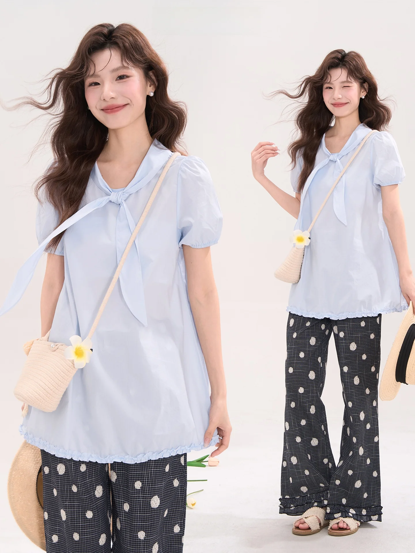 

Heme Sweet Sle Cotton Blend irt Dr with Bow Collar And Lace Trim ort Sve mid Length Women's Summer Faion