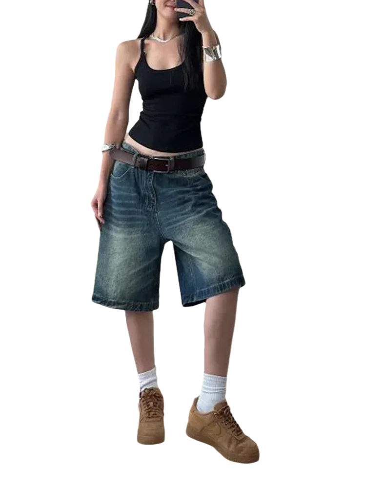 カジュアルルーズハイウエストブルーショーツ女性シックレトロ夏アメリカンデニム女性ショーツファッションストリートスリム女性ショーツ