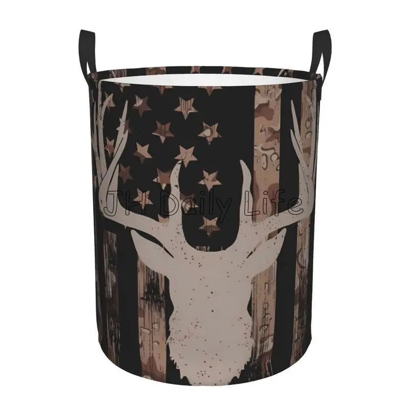 Camo Camouflage Hunting Deer American Flag Round Laundry Basket Foldable Dirty Clothes Basket Toys Storage Laundry Hamper