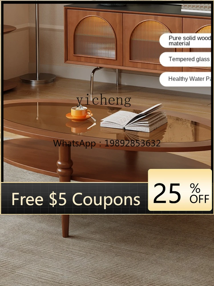 

ZZ Oval Solid Wood Tea Table Vintage Small Coffee Table Log Amber-Yellow Glass Tea Table