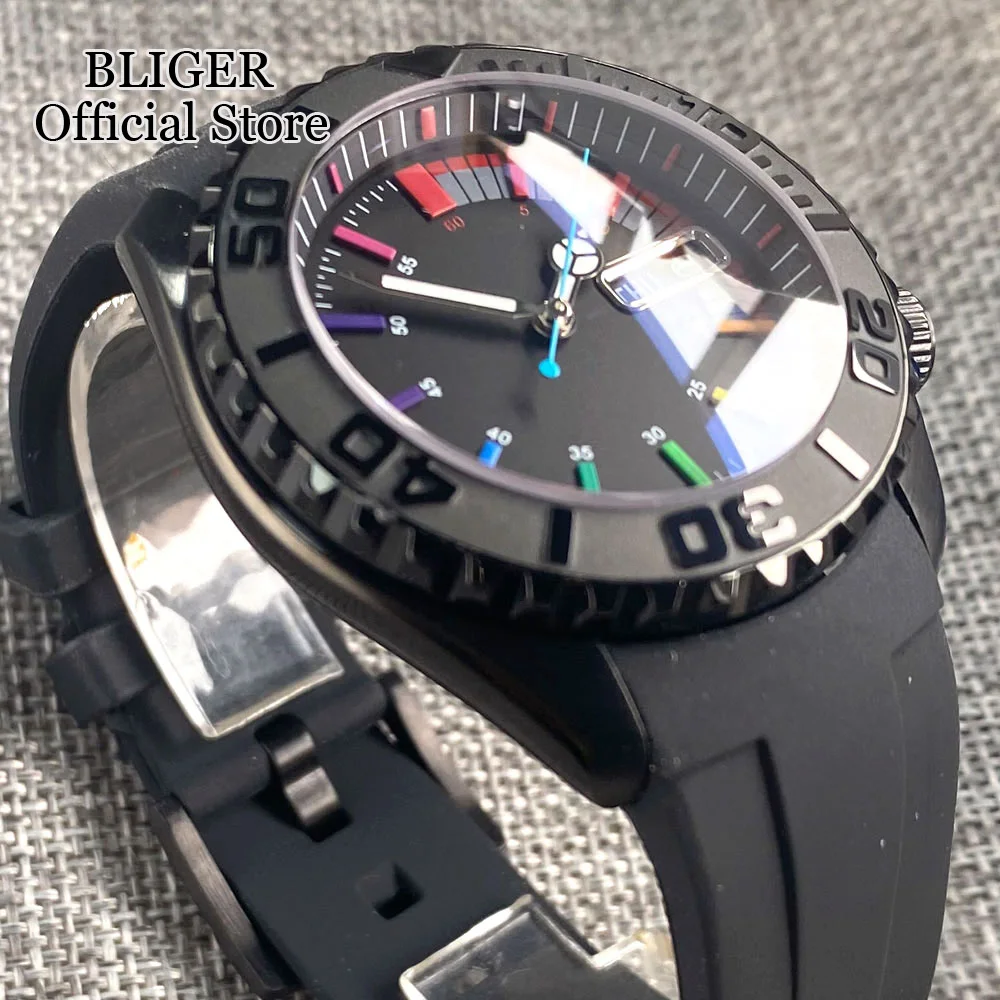 41mm NH36A Automatic Men Watch Luminous Hand Black Dial Rubber Strap 3.8 o\'clock Crown Ceramics Insert Multicolor Index