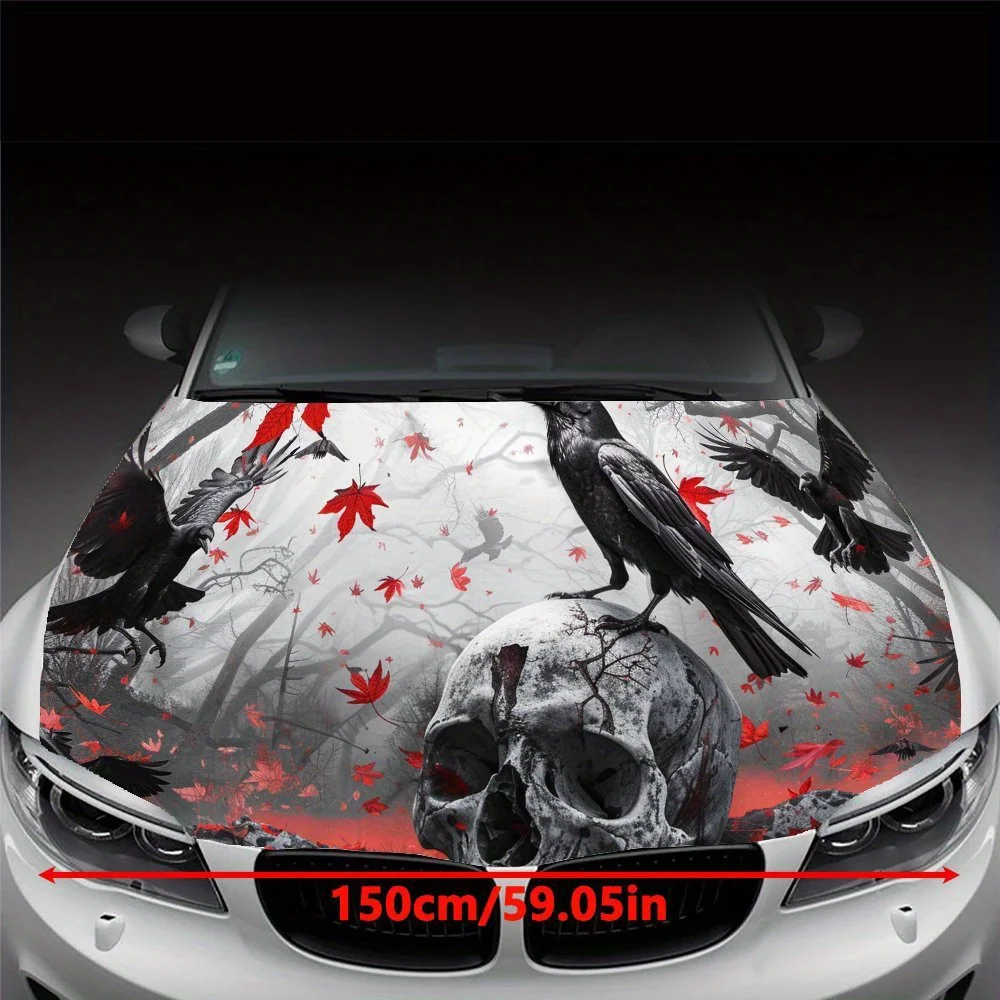 Crows Standing on Skulls, Falling Red Maple Leaves, Eerie Forest Car Hood Wrap Color Vinyl Sticker Truck Graphic Bonnet Auto Acc