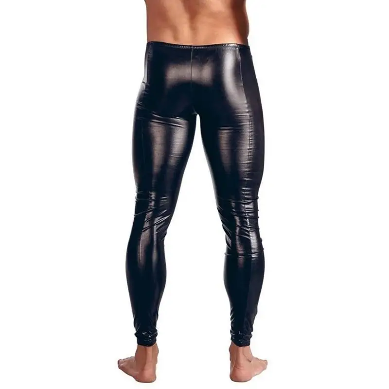 Men Black PU Leather Pants  Long  Sexy Underwear