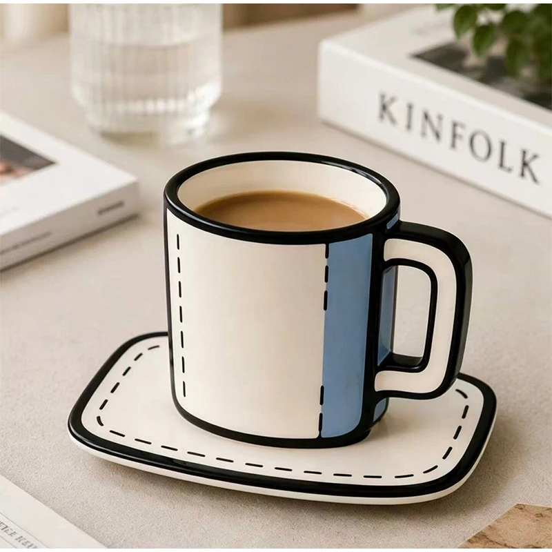 Minimalist Generic Cartoon Ceramic Mug Set Creative 2D Vision Large Capacity Creative Coffee Water Cup For Home Office Daily Use