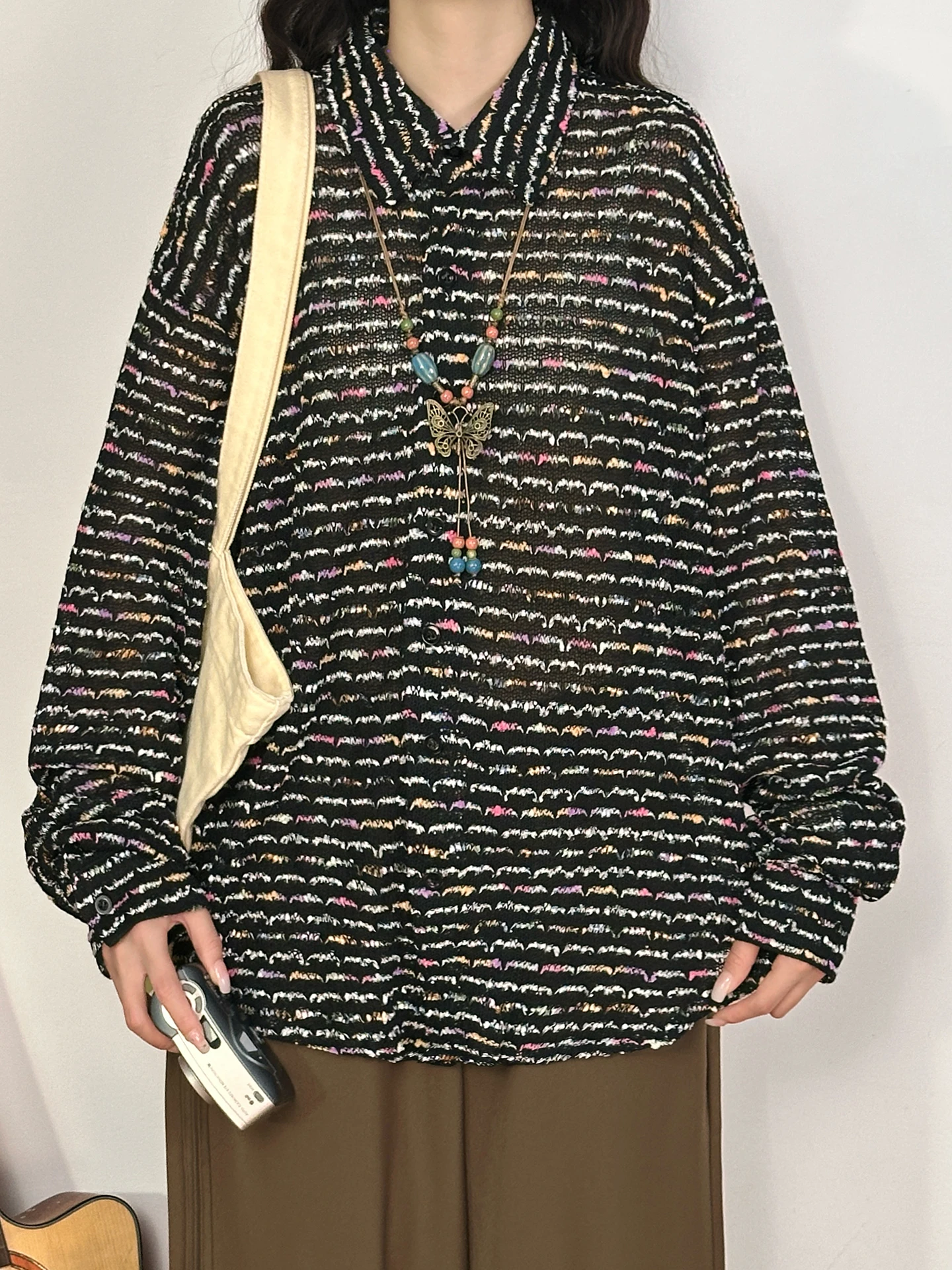 

Original American Retro Knitted Long Sve irt Women's Loose Casual Top Street Sle Polyester Fiber Flip Collar Button Cl...