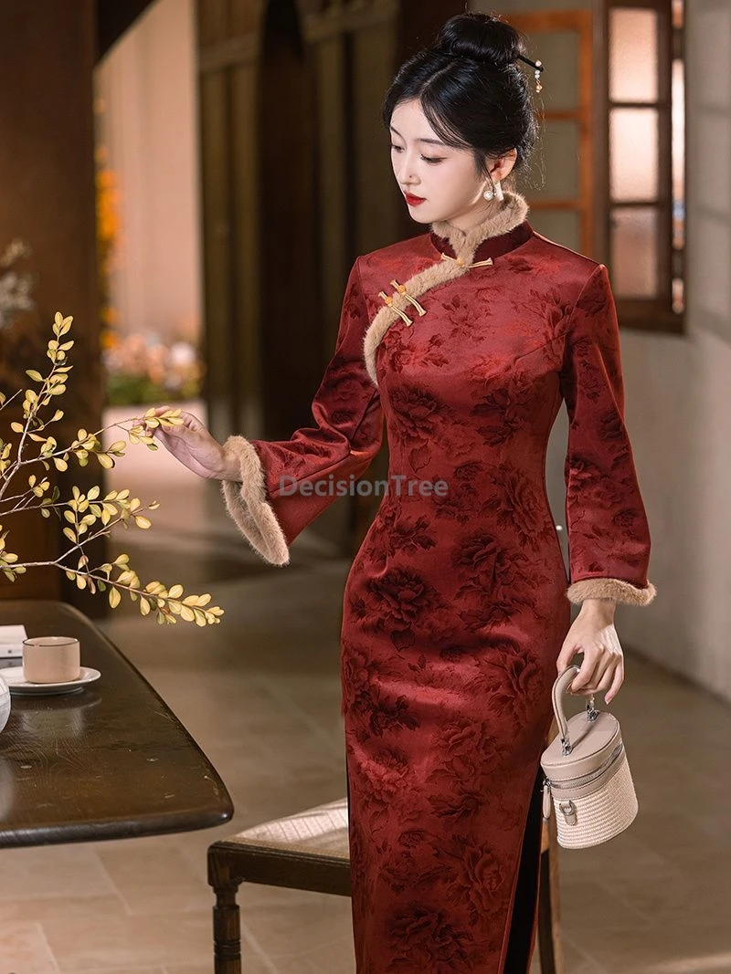 

2025 vintage elegant women's winter daily qipao thicken warm long sleeved chinese qipao fashionable improved toasting attire