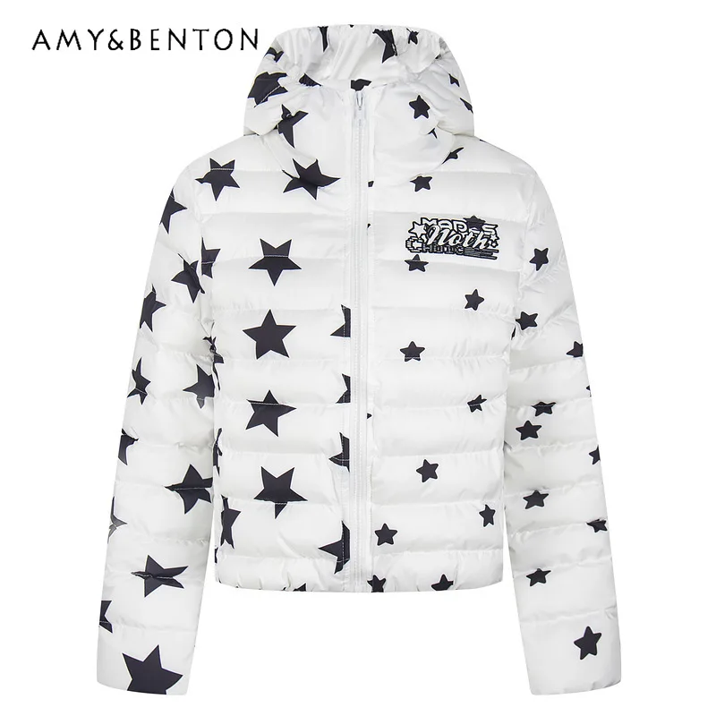 الأمريكية الرجعية طباعة كاملة ستار رسالة مطبوعة مقنعين المرأة سترة قطن 2025 شتاء جديد سميكة الدافئة البخاخ الستر السيدات #1