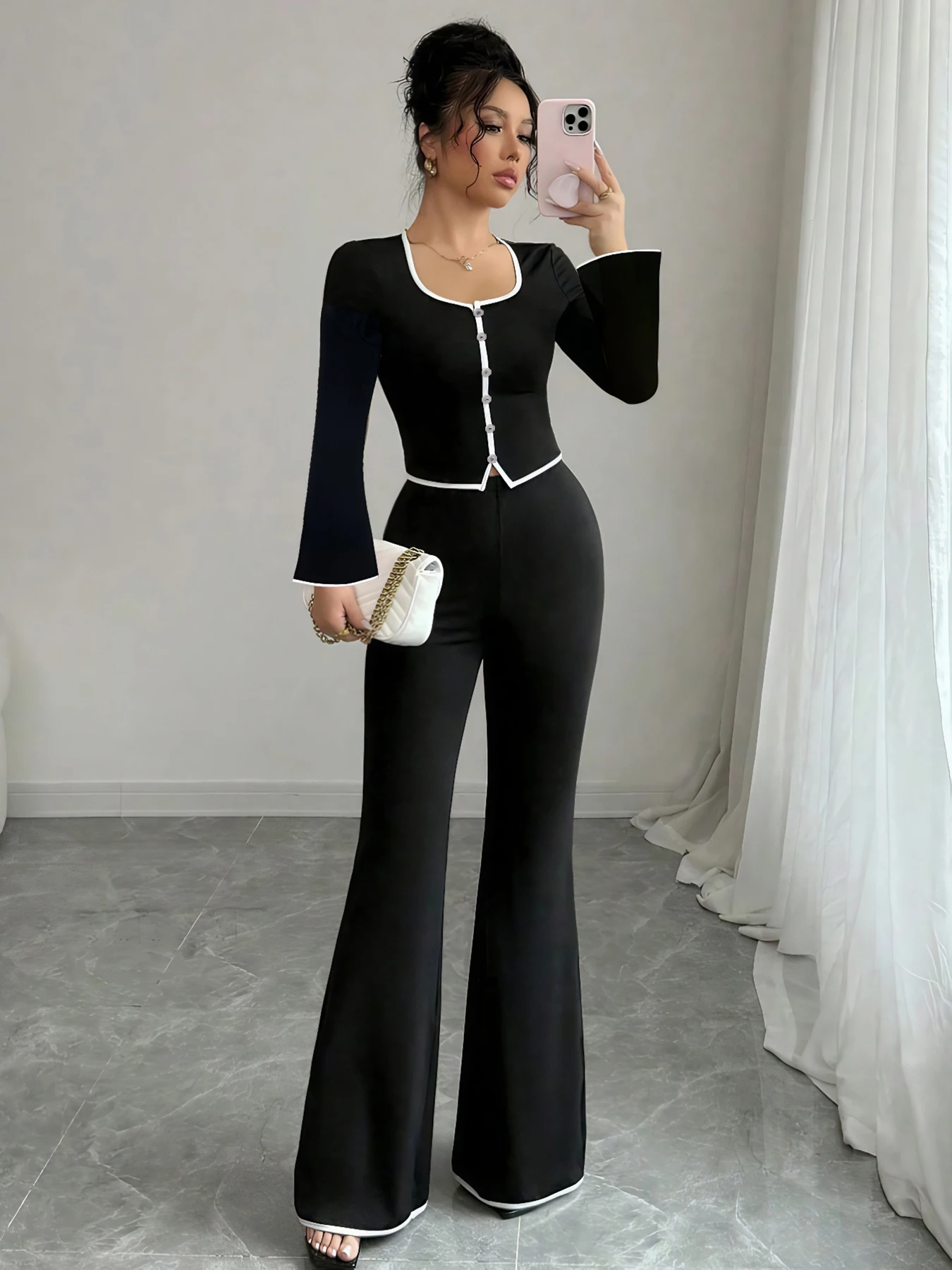 Fleece Lined Slim Fit Flared Sleeve Flared Pants Square Collar Color Block Edge 2 Piece Set Sportswear Casual Outfit