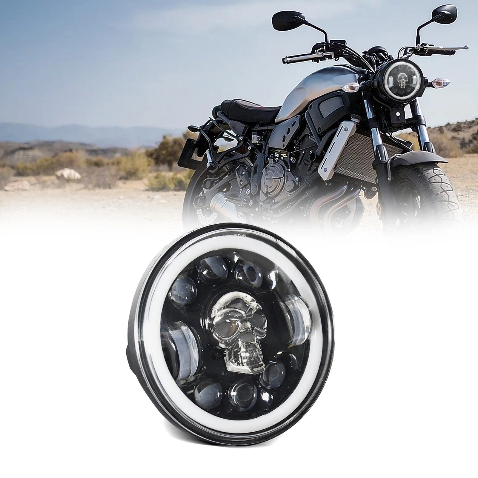 

5.75 inch Motorcycle LED Headlight Skull Pattern LED Headlight with High/Low Beam Turn Signal DRL and Colorful Angle Eye Light