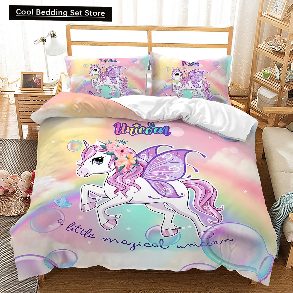 Rainbow Unicorn Bedding Set Kawaii Cartoon Animal Bed Linen for Kids Girls 2/3pcs Twin Single Double Queen Size Duvet Cover Sets