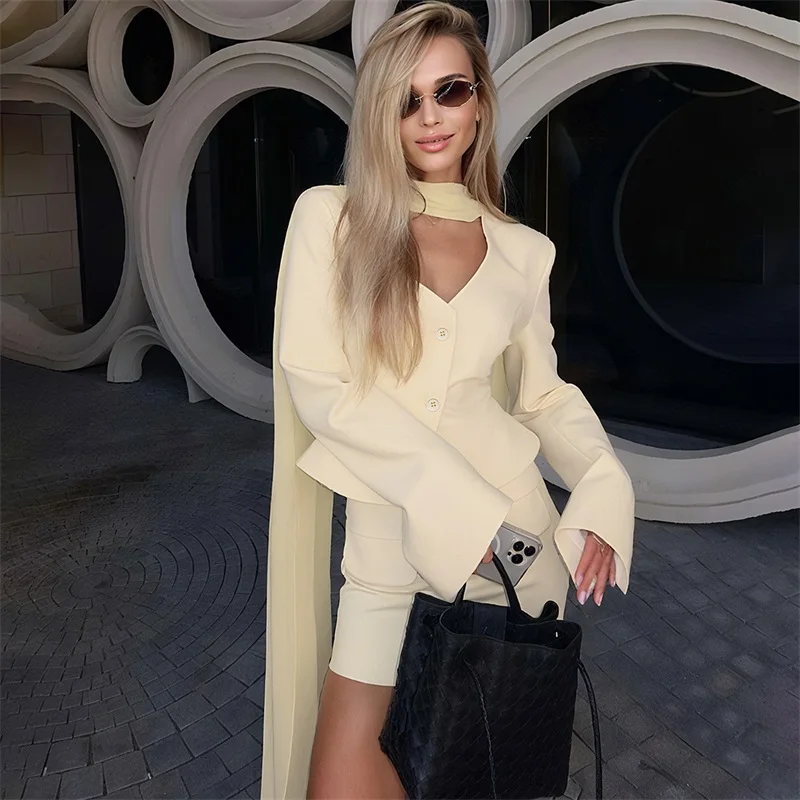 Autumn Beige Women Suit Skirt Set 3 Piece Scarf+Blazer+Short Prom Dress Formal Office Jacket Wedding Guest Robes Bridal Coat