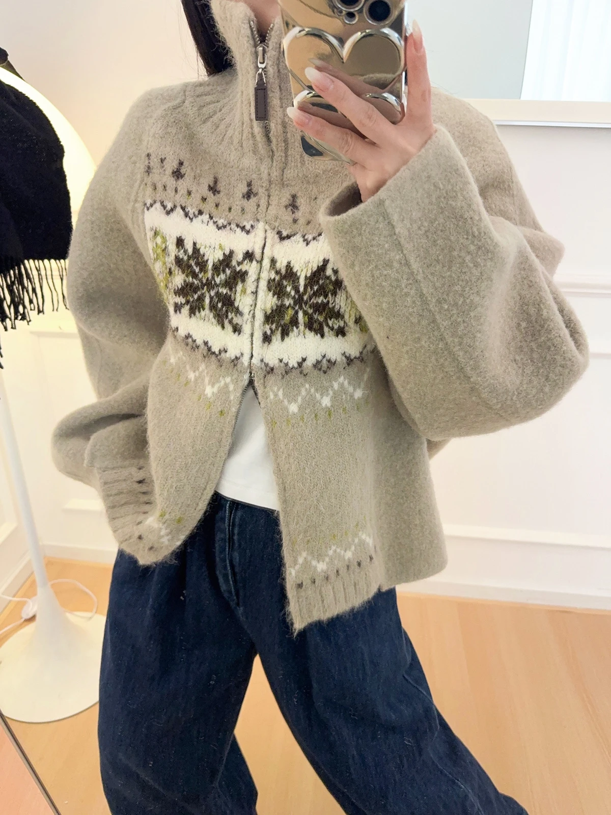 

Окс смешанное вязаное шерстяное пальто с двусторонней молнией, островной шерстяной трикотаж, комбинезон для поездок на работу, обычный све, длинный круглый Ne