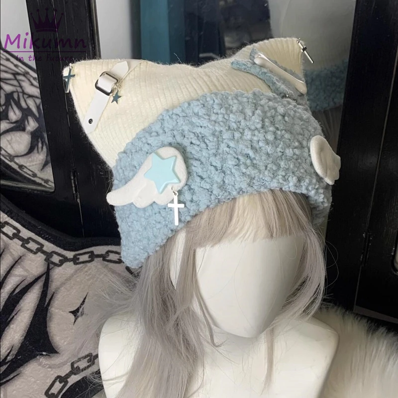 Gorro con alas de Ángel para mujer, gorro de punto cálido, estilo Harajuku, gótico, Lolita, Y2K, japonés, Estrella cruzada, hueso, oreja de gato,