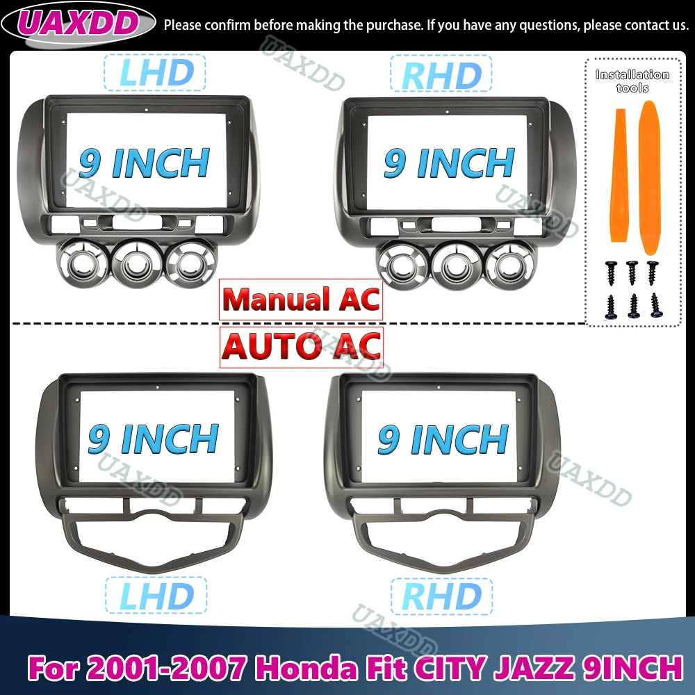 UAXDD 2 Din Car For 2001-2007 Honda Fit JAZZ CITY 9INCH LHD Silvery Gray AUTO AC Manual AC Android frame Kit panel Center fascia