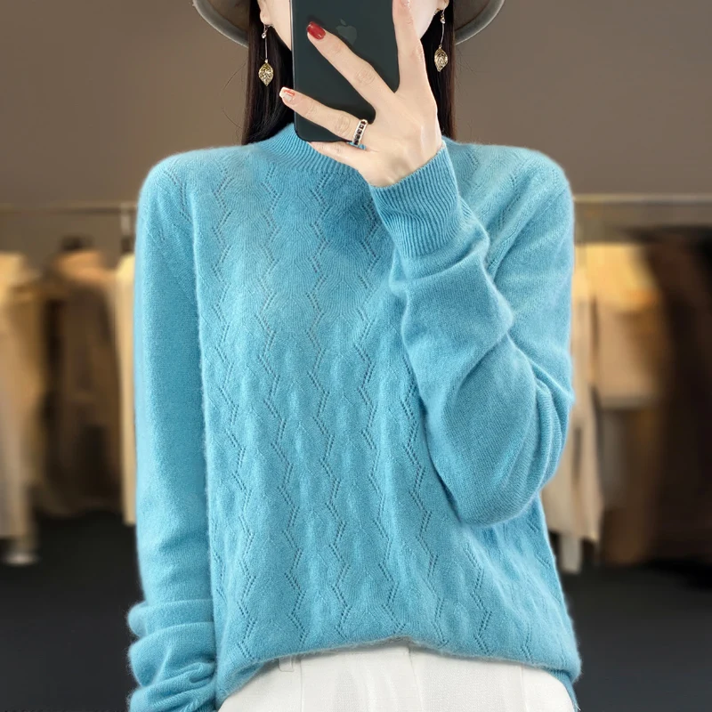 

2024 New High end Woolen Sweater Autumn/Winter Collection Hollow Women's Half High Collar Long Sleeve Fashion Top Korean Edition