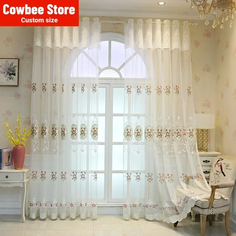 European Style Window Screen Embroidery White Gauze Curtain Fabric High-grade Lace Embroidery Screen Solid Color Floating