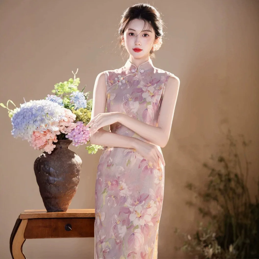 高品質の伝統的な中国風チャイナドレス、モダンなピンクの若い女性向けノースリーブロングスリムフィット旗袍、パーティー用マンダリンドレスsw-024