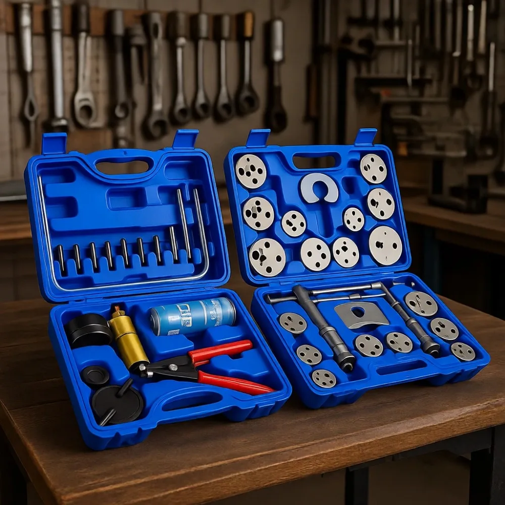 

2 in 1 Brake Caliper Compression Tool and Vacuum Pump Bleeder Kit with Retaining Plates and 18 Adapters
