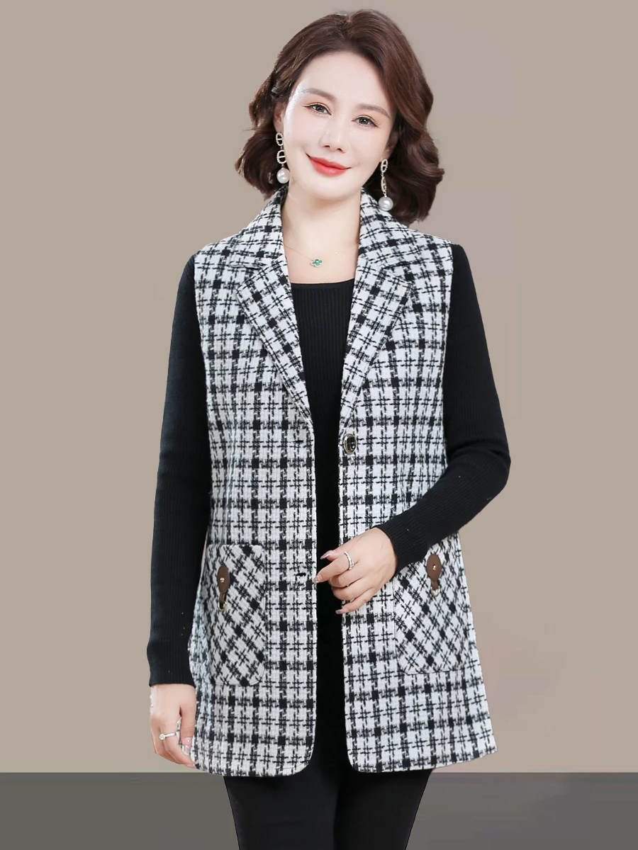 Plaid Suit Vest Women's Outerwear Middle-Aged And ly Spring Autumn Faion Match All Seasons Single Button Polyester Fiber