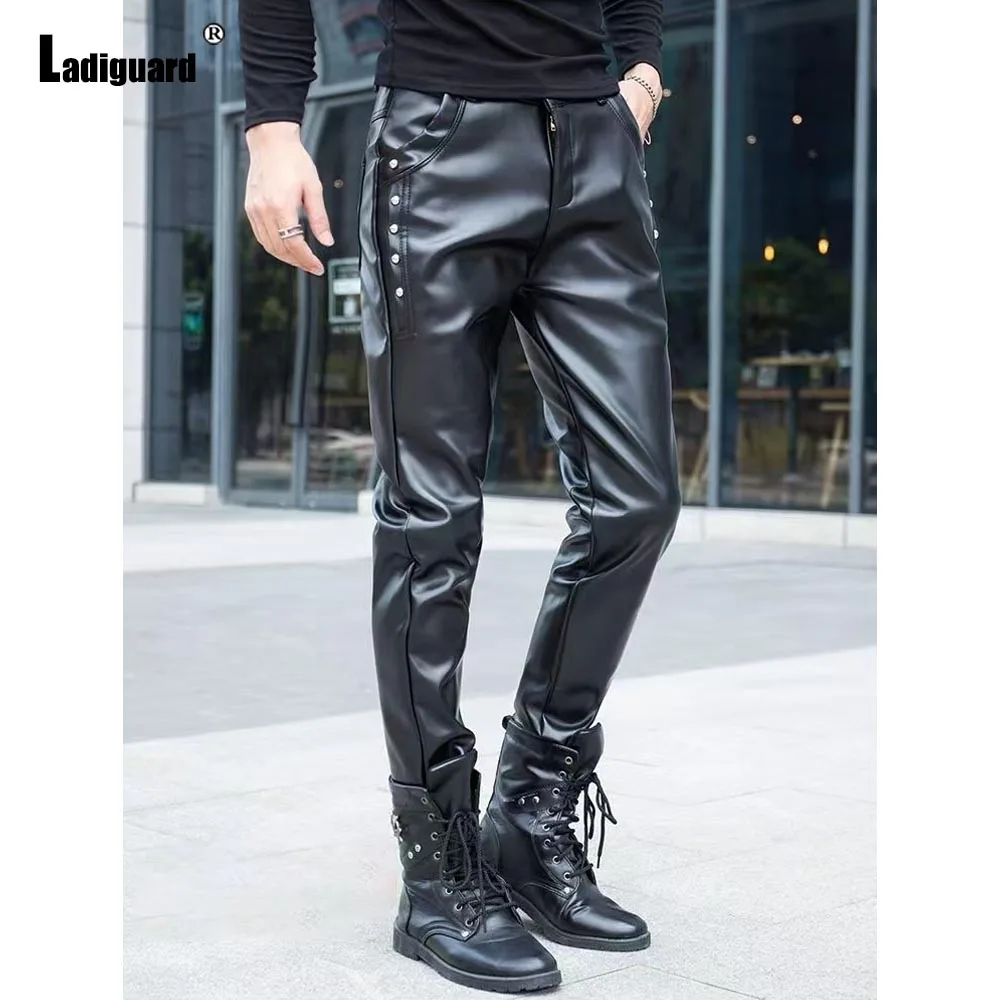 

Men Fashion Zipper Rivets PU Leather Pants Sexy Rock Style Night Club Dance Pants Men's Glossy Faux Leather Motorcycle Trousers