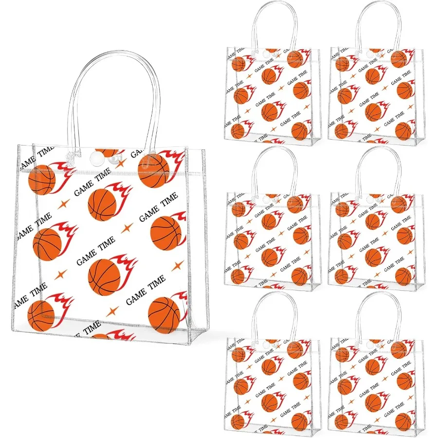 24개 농구공 투명 PVC 선물 가방 손잡이 포함 대량 8 x 8 x 3인치 스포츠 테마 간식 가방 농구팀 선물