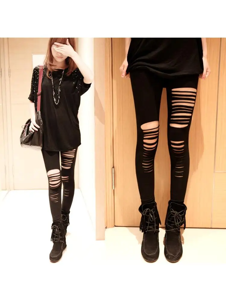 2022 New Design Women White Leggings Popular Non Pilling Tight Cotton Irregular Solid Color Broken Black  Sexy Fashion Pants XXL