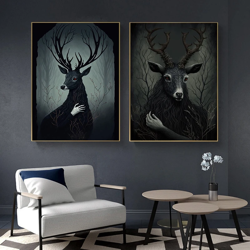 Horror Dark Gothic Art Animal Poster Anubis Deer Black Goat Canvas Printing Prints Wall Art Picture for Living Room Home Decor