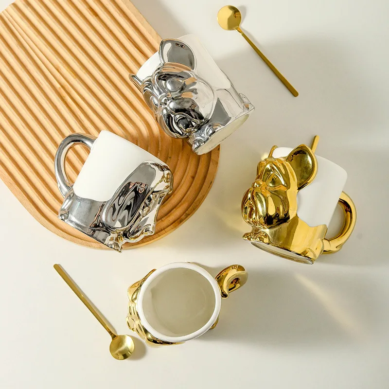 1pc Creative Stereo Dog Coffee Cup Cartoon Animal Tea Cup Gold Plated Silver Dog Ceramic Mug Couple Gift Oatmeal Mug Home Decor