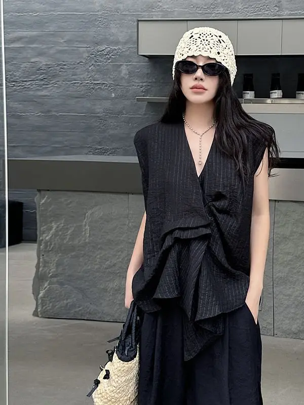 

Hong Kong Sle Loose Fit Faionable Svel irt Pred Pleat Proc Vest Summer New Arrival Irregular Design Commute