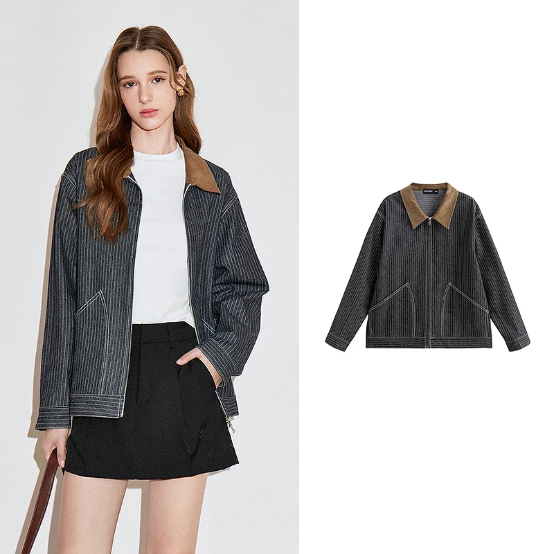 

Women Jacket 2025 Spring New Edition Barn Style Striped Contrast Splicing Collar Casual Versatile Jacket Tops