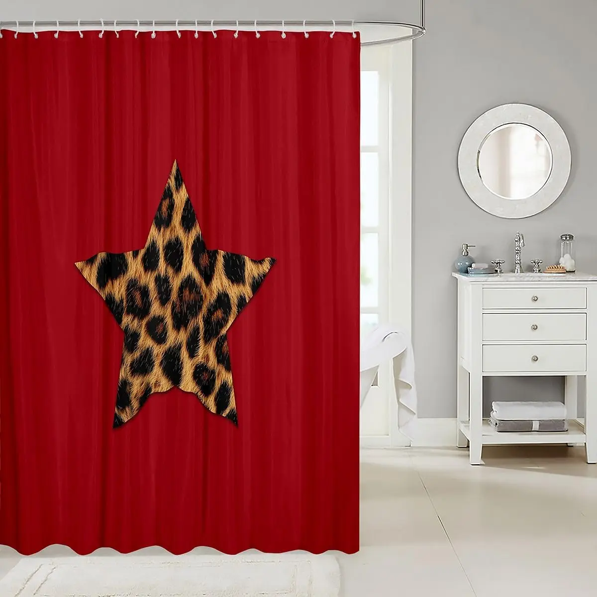 Trendy Stars Print Shower Curtain Leopard Printed Fabric Shower Curtain,180x180cm,Red Cheetah Bathroom Shower Curtain