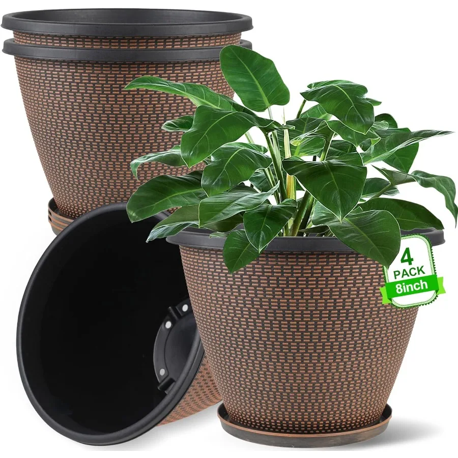 

4 Pack 8 Inch Round Plastic Plant Pots with Drainage Holes and Trays for Indoor and Outdoor Use Decorative Flower Pots and Gard