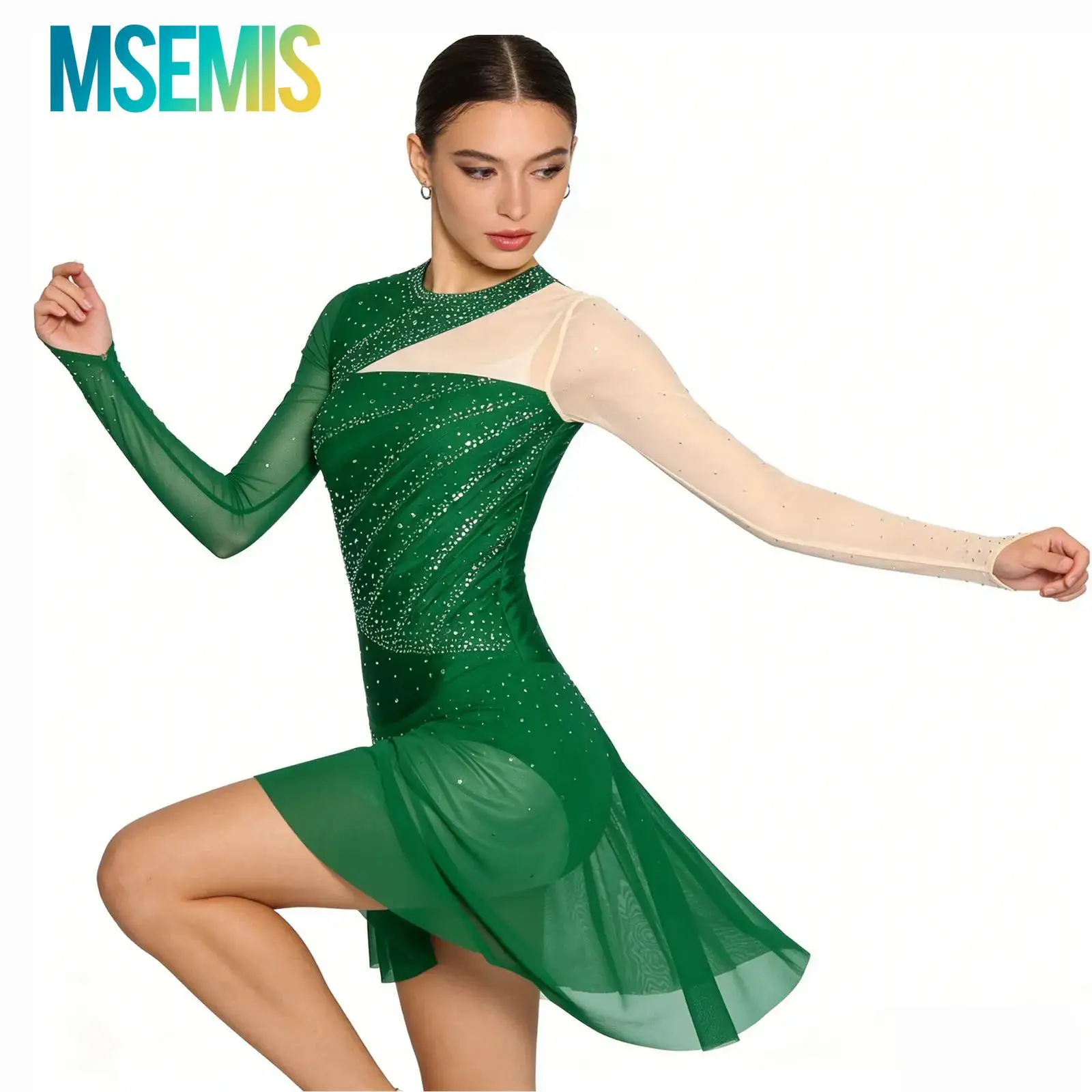 

Womens Gymnastics Figure Skating Latin Ballroom Dance Performance Costume Rhinestone Mesh Long Sleeve Ballet Lyrical Dance Dress