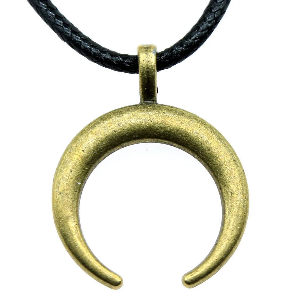 Retro Vintage Unisex 2 Colors 33x26mm Horns Crescent Moon Pendant Faux Black Leather Rope Chain Necklace
