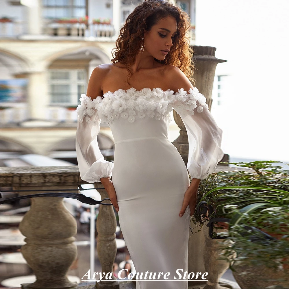 2024 White Cocktail Dress Off the Shoulder 3D Flowers And  Long Sleeves Midi Tea Length Women Bride Gown Robe De Soirée Femme