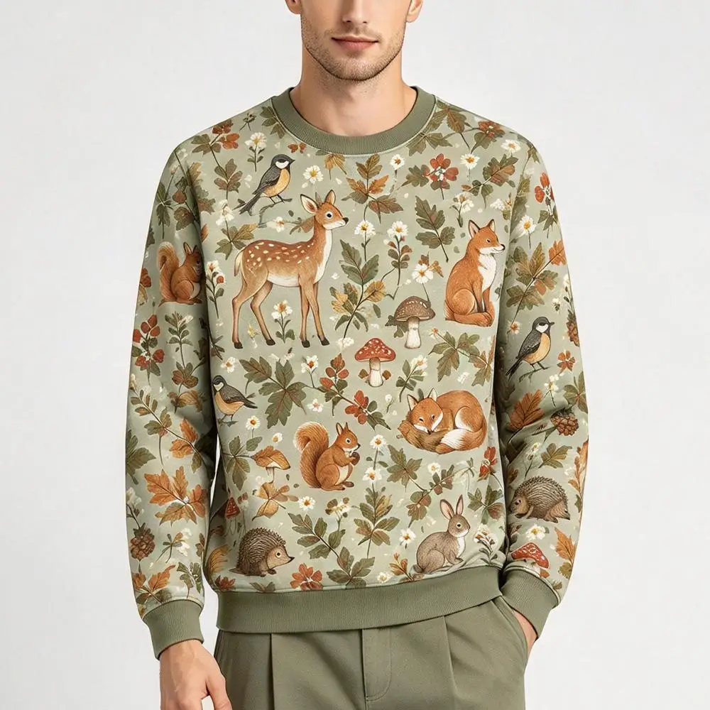 Vintage Cottagecore Forest Animals Sweatshirt Autumn Botanical Deer Fox Rabbit Pattern Crew Neck Pullover Unisex Casual Tops