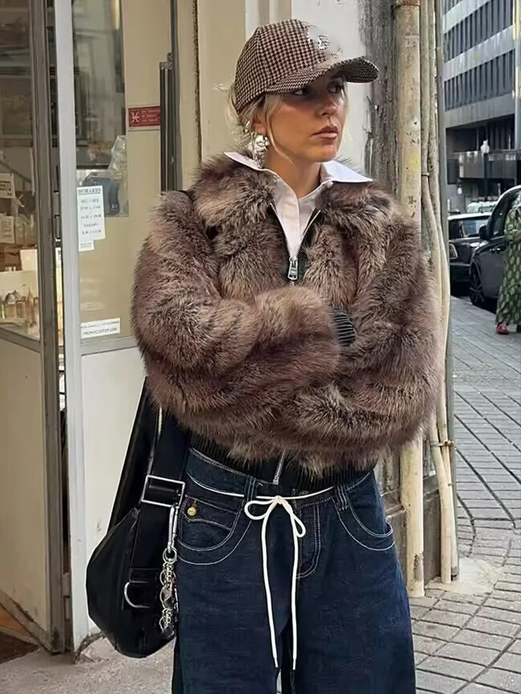 HH Women's Winter New Fashion Sepia Lapel Contrast Fur All-in-One Jacket Female Zipper Pocket Decoration Thick Jacket Mujer