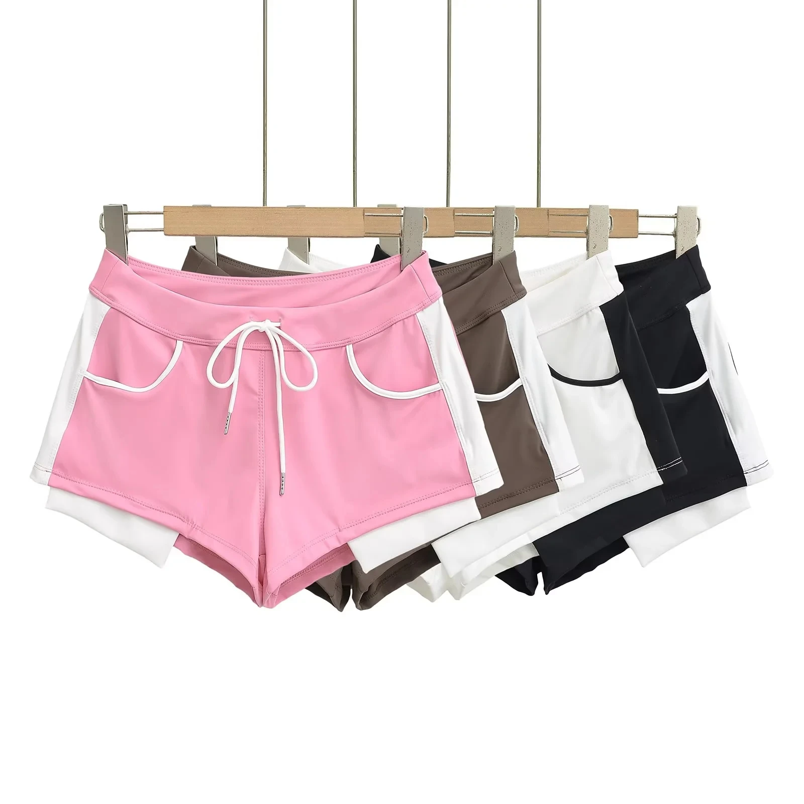 섹시한 컬러 배색 캐주얼 팬츠 반바지 여성용 2025 신상 여름 디자인 드로스트링 슬림핏 초미니 핫팬츠 출퇴근 스타일