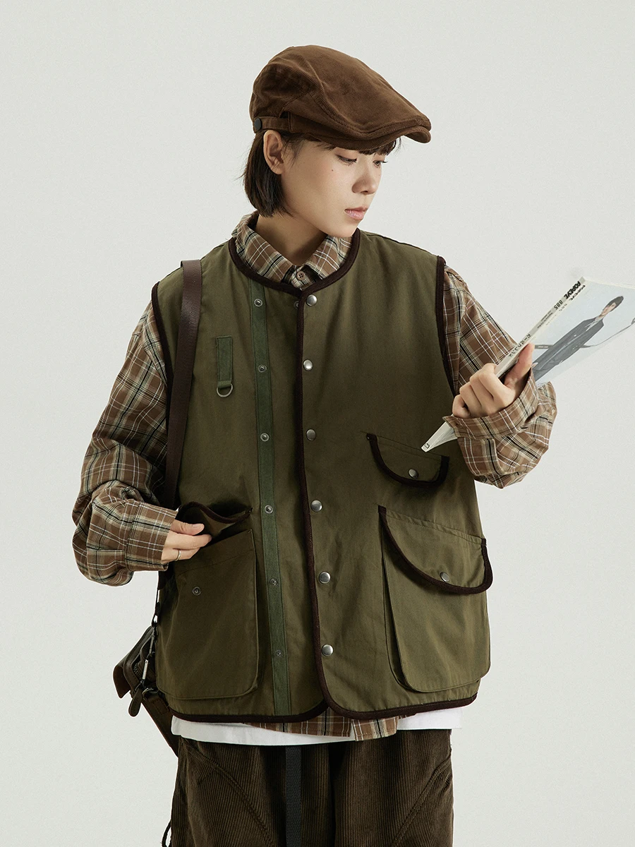 

GoodNorth Retro Japanese Sle Workwear Vest ex Loose Multi-ket Vest oulder Jaet Street Sle Cotton Thin Coat