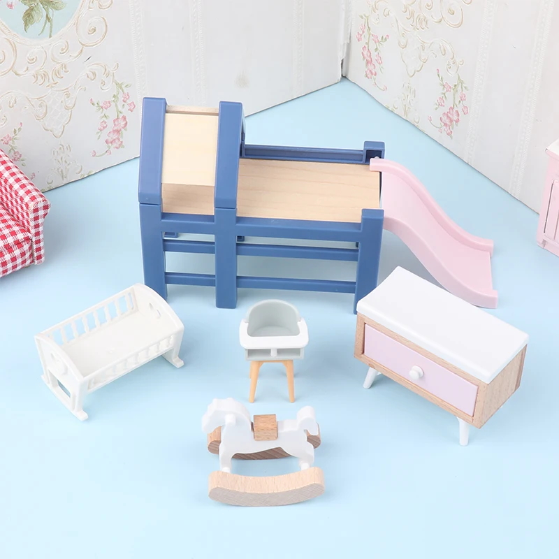 1/12 Dollhouse Miniature Baby Cradle Baby Cot/Slide/Trojan Horse/Table/ Dining Chair Model Baby Bedroom Furniture Accessories