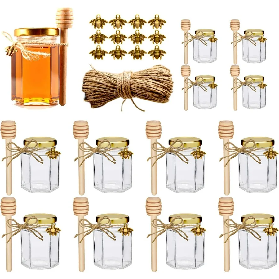 

Adabocute 4oz Hexagonal Honey Jars with Gold Lids and Wooden Dippers Decorative Glass Jars Featuring Bee Charms and Jute Ribbon