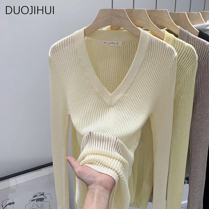 DUOJIHUI Korean Classic V-neck Basic Striped Women Pullovers Ins Autumn New Solid Color Fashion Simple Casual Female Pullovers