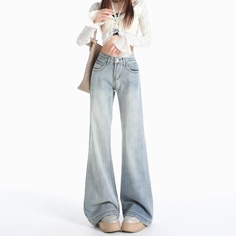 

Women Jeans Cotton Denim Flared Pants Elastic Force Vintage Streetwear High Waist Slim Mom Harajuku Trousers Plus Length