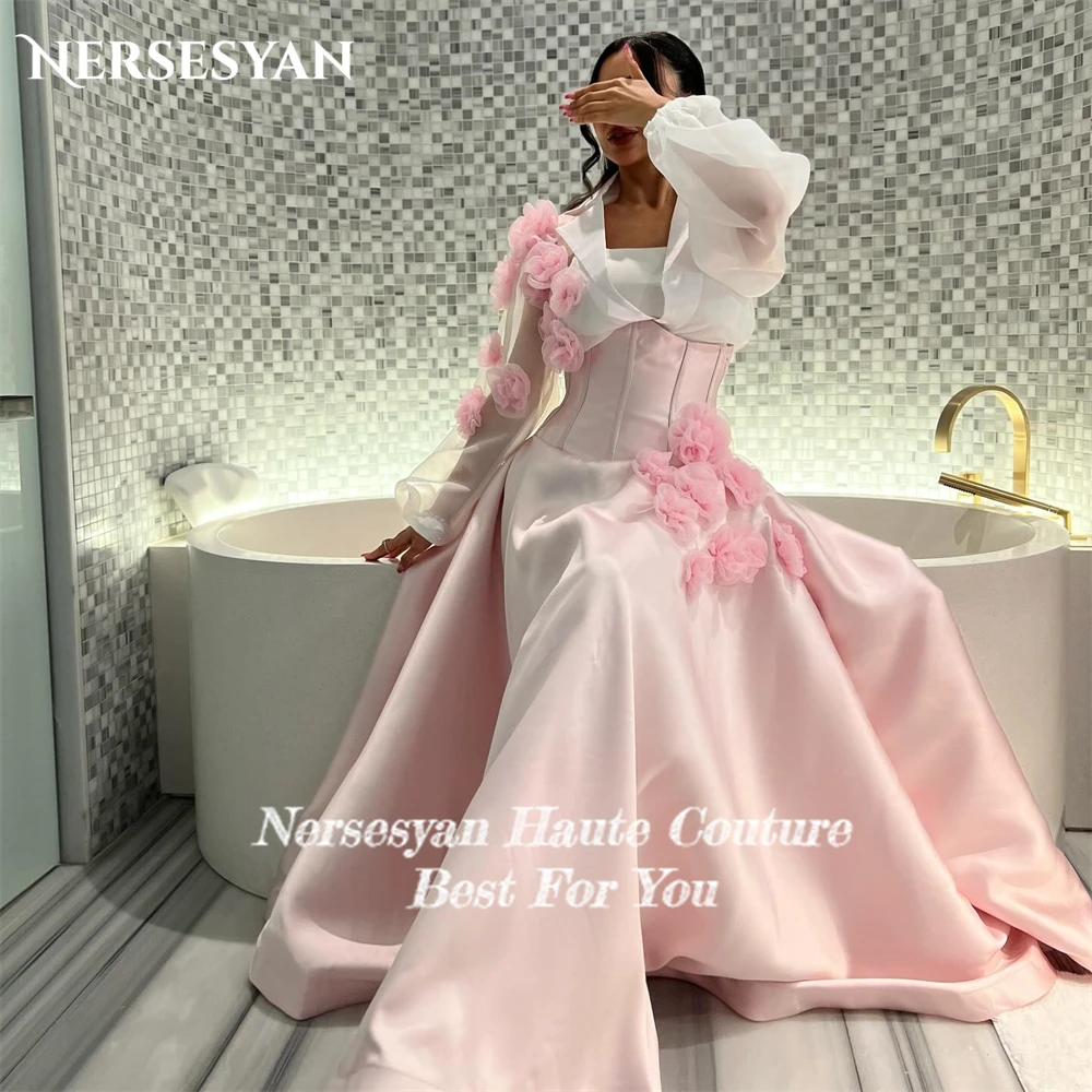 Nersesyan Blush Pink Elegant Formal Evening Dresses A-Line 3D Flowers Strapless Prom Dress Saudi Arabia Pageant Party Gowns 2024