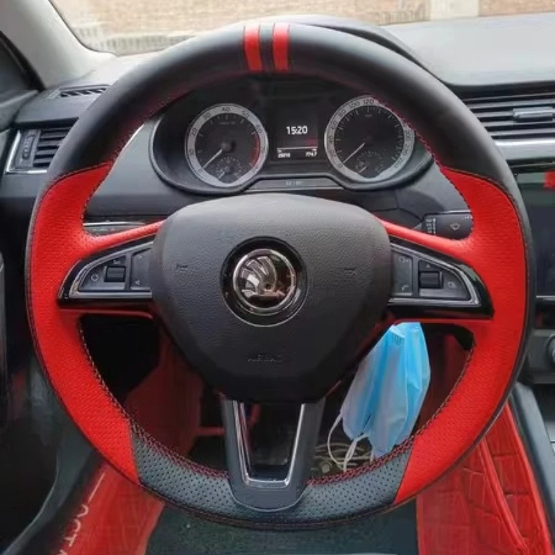 

For Skoda Octavia 2017 Fabia 2016 2017 Rapid Spaceback 2016 hand stitched Black red Genuine Leather Car Steering Wheel Cover
