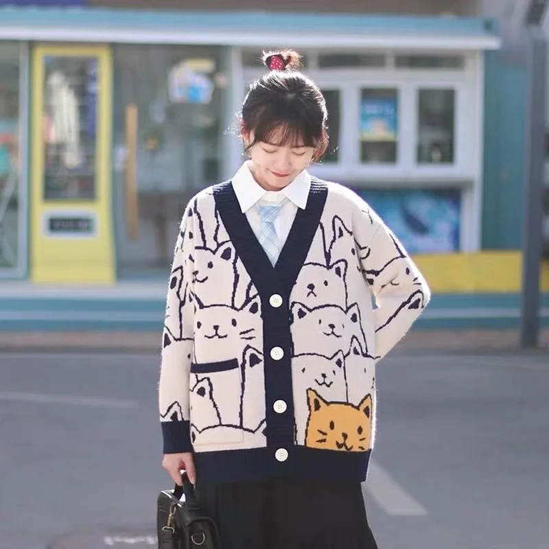 Harajuku Cartoon Cat Cardigan Sweater Men Streetwear Pattern College Knitwear Casual Knitted Japanese Knit Jacket Women Unisex